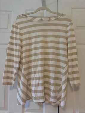 Chico's Cream & Tan Striped Boatneck Long Sleeve Top